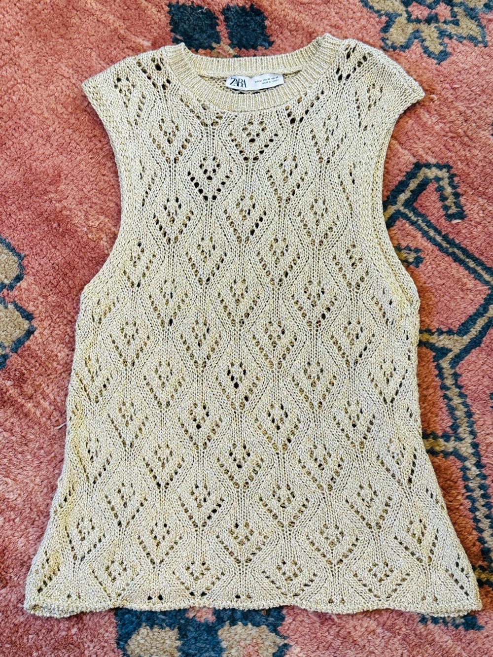 Zara Gold Metallic Crochet Knit Sleeveless Sweater Top Medium Boho Party Travel